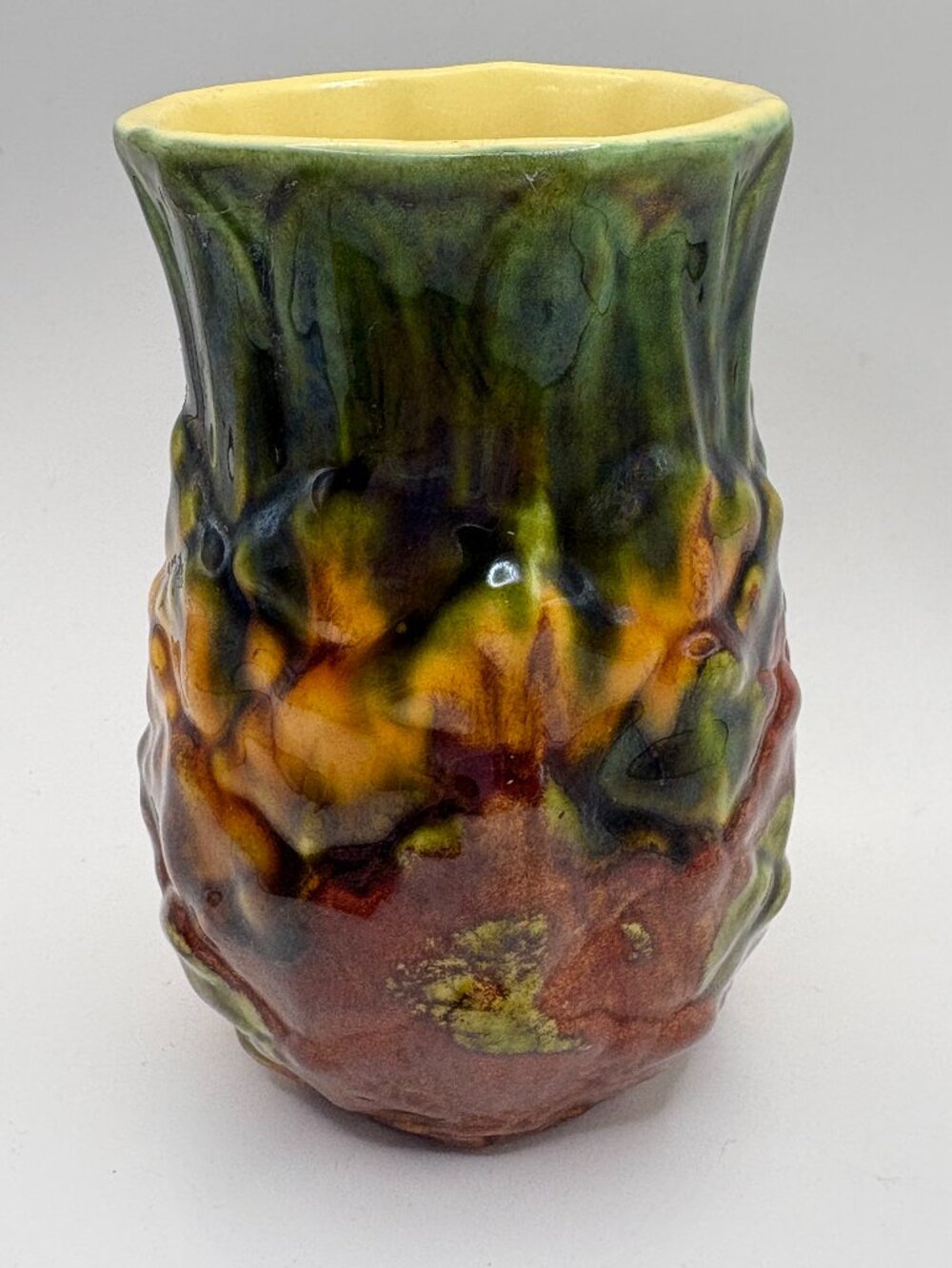 Vintage USA Pineapple Vase Majolica Style Art Pottery Green Brown Yellow 5"